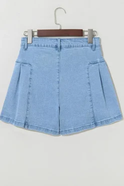 Discount Dear-Lover Pleated Patchwork Wide Leg Lightweight Denim Shorts Dusk Blue
