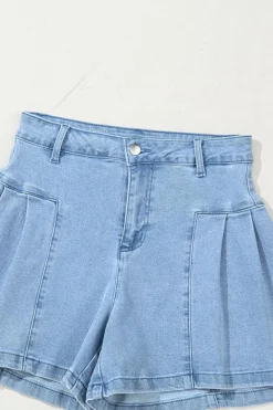Discount Dear-Lover Pleated Patchwork Wide Leg Lightweight Denim Shorts Dusk Blue