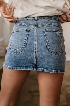 Online Dear-Lover Rhinestone Distressed Denim High Waist Mini Skirt Dusk Blue