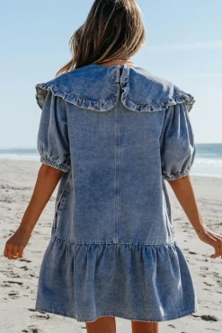 Hot Dear-Lover Ruffled Collared Side Pockets Puff Sleeve Denim Mini Dress Dusk Blue