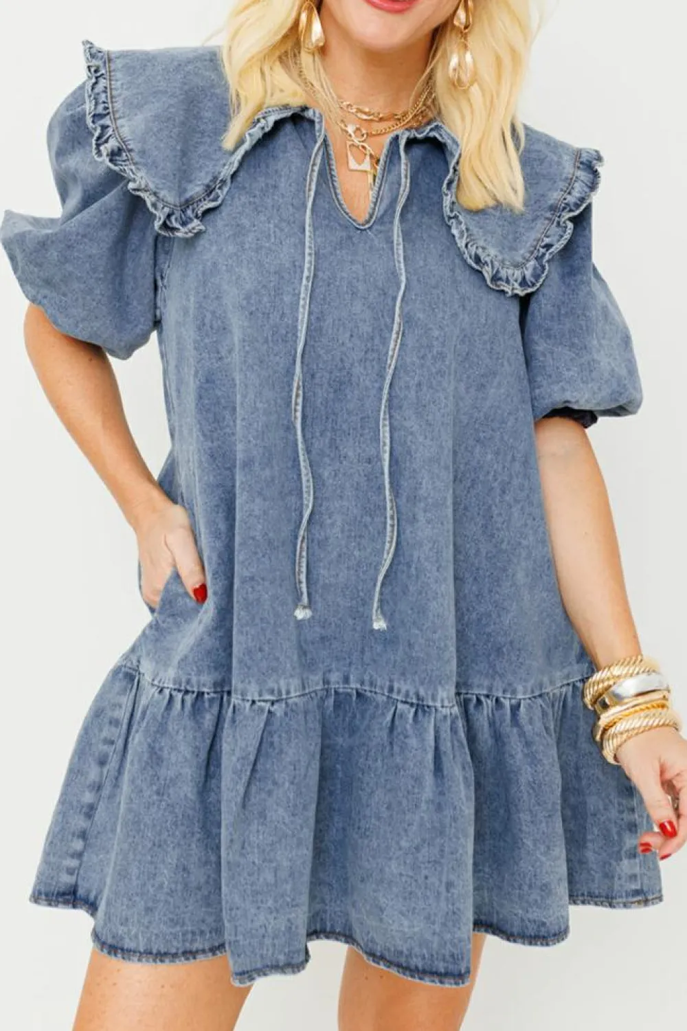 Hot Dear-Lover Ruffled Collared Side Pockets Puff Sleeve Denim Mini Dress Dusk Blue