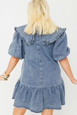 Hot Dear-Lover Ruffled Collared Side Pockets Puff Sleeve Denim Mini Dress Dusk Blue