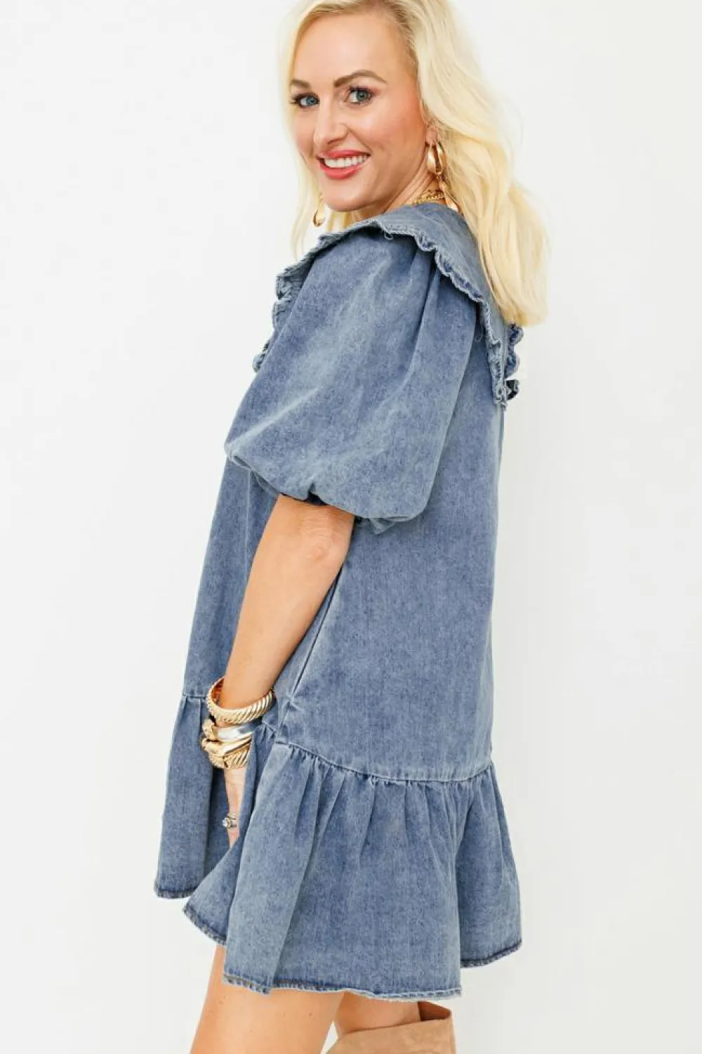 Hot Dear-Lover Ruffled Collared Side Pockets Puff Sleeve Denim Mini Dress Dusk Blue