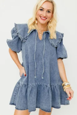 Hot Dear-Lover Ruffled Collared Side Pockets Puff Sleeve Denim Mini Dress Dusk Blue