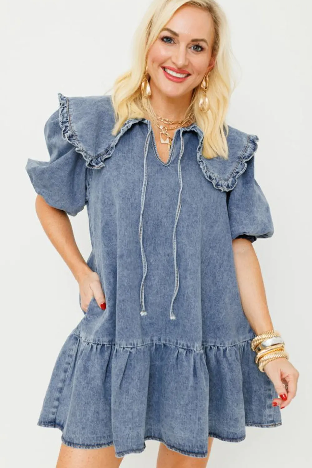 Hot Dear-Lover Ruffled Collared Side Pockets Puff Sleeve Denim Mini Dress Dusk Blue