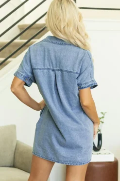 Discount Dear-Lover Short Sleeve Pocketed Button up Denim Tunic Dress Dusk Blue