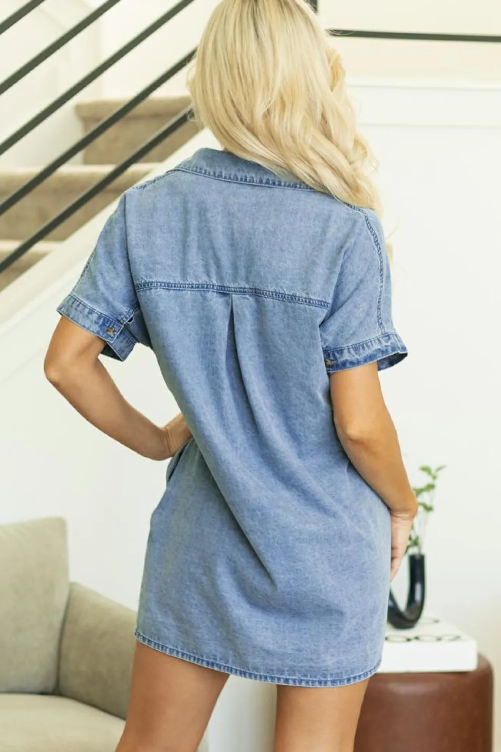 Discount Dear-Lover Short Sleeve Pocketed Button up Denim Tunic Dress Dusk Blue
