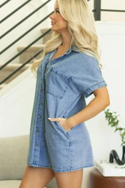 Discount Dear-Lover Short Sleeve Pocketed Button up Denim Tunic Dress Dusk Blue