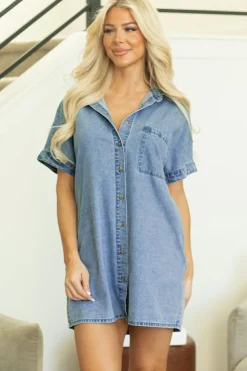 Discount Dear-Lover Short Sleeve Pocketed Button up Denim Tunic Dress Dusk Blue