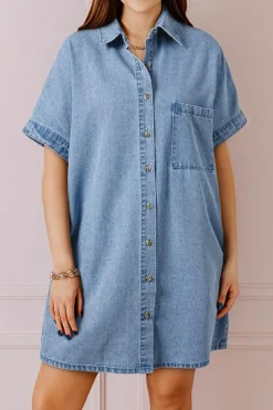 Discount Dear-Lover Short Sleeve Pocketed Button up Denim Tunic Dress Dusk Blue