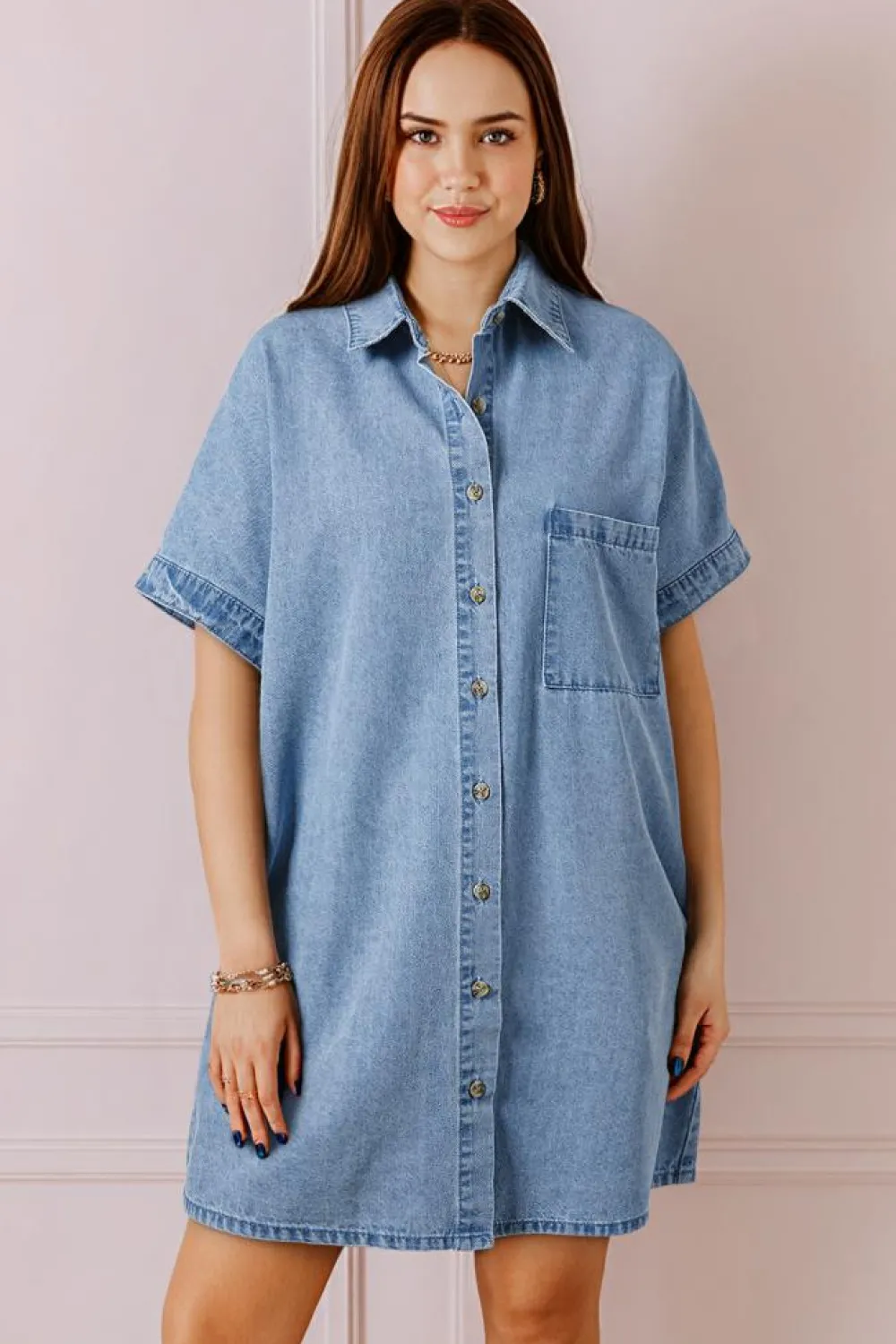 Discount Dear-Lover Short Sleeve Pocketed Button up Denim Tunic Dress Dusk Blue