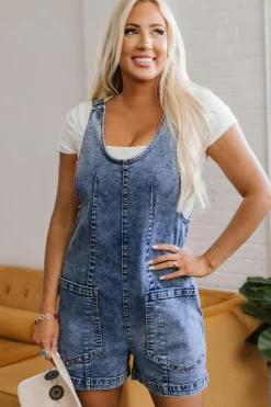Outlet Dear-Lover Sleeveless U Neck Patched Pocket Denim Romper Dusk Blue