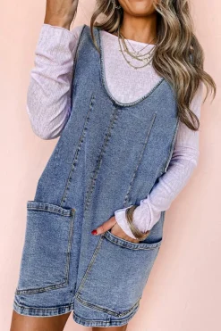 Outlet Dear-Lover Sleeveless U Neck Patched Pocket Denim Romper Dusk Blue