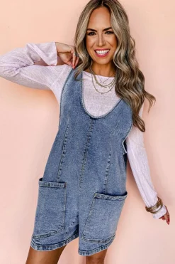 Outlet Dear-Lover Sleeveless U Neck Patched Pocket Denim Romper Dusk Blue