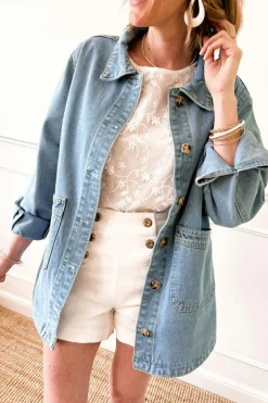 Fashion Dear-Lover Slit Buttons Pocketed Denim Jacket Dusk Blue