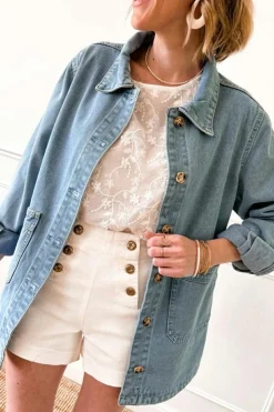 Fashion Dear-Lover Slit Buttons Pocketed Denim Jacket Dusk Blue