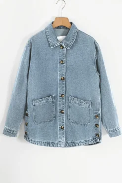 Fashion Dear-Lover Slit Buttons Pocketed Denim Jacket Dusk Blue