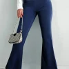 Clearance Dear-Lover Solid Crossed Waist High Elastic Fit Flare Knit Jeans Dusk Blue