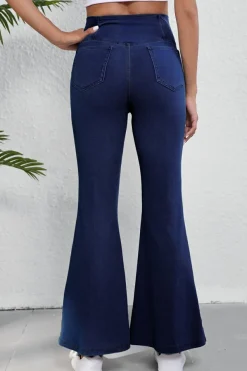 Clearance Dear-Lover Solid Crossed Waist High Elastic Fit Flare Knit Jeans Dusk Blue