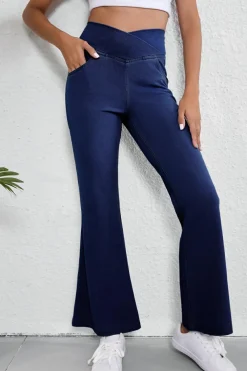 Clearance Dear-Lover Solid Crossed Waist High Elastic Fit Flare Knit Jeans Dusk Blue