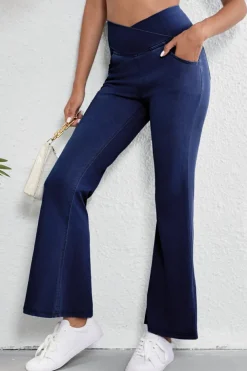 Clearance Dear-Lover Solid Crossed Waist High Elastic Fit Flare Knit Jeans Dusk Blue