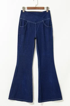 Clearance Dear-Lover Solid Crossed Waist High Elastic Fit Flare Knit Jeans Dusk Blue