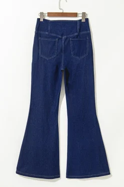 Clearance Dear-Lover Solid Crossed Waist High Elastic Fit Flare Knit Jeans Dusk Blue