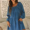 Sale Dear-Lover Square Neck Side Pockets Loose Fit Denim Mini Dress Dusk Blue
