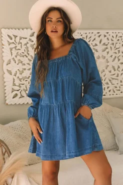 Sale Dear-Lover Square Neck Side Pockets Loose Fit Denim Mini Dress Dusk Blue