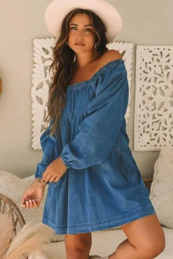 Sale Dear-Lover Square Neck Side Pockets Loose Fit Denim Mini Dress Dusk Blue
