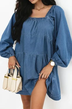 Sale Dear-Lover Square Neck Side Pockets Loose Fit Denim Mini Dress Dusk Blue