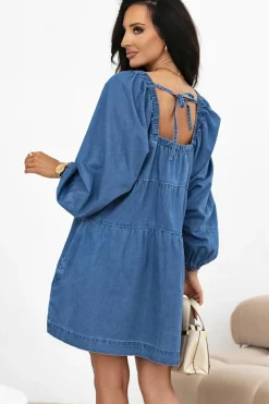 Sale Dear-Lover Square Neck Side Pockets Loose Fit Denim Mini Dress Dusk Blue