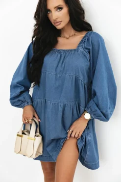 Sale Dear-Lover Square Neck Side Pockets Loose Fit Denim Mini Dress Dusk Blue