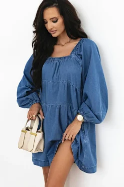 Sale Dear-Lover Square Neck Side Pockets Loose Fit Denim Mini Dress Dusk Blue