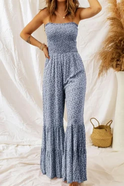 Fashion Dear-Lover Thin Straps Smocked Bodice Wide Leg Floral Jumpsuit Dusk Blue