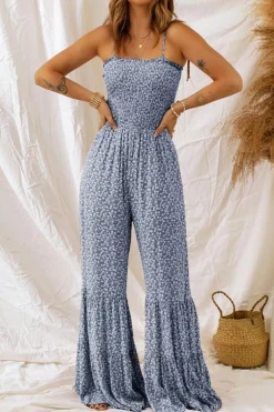 Fashion Dear-Lover Thin Straps Smocked Bodice Wide Leg Floral Jumpsuit Dusk Blue