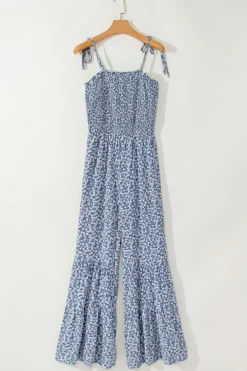 Fashion Dear-Lover Thin Straps Smocked Bodice Wide Leg Floral Jumpsuit Dusk Blue