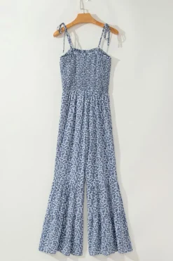 Fashion Dear-Lover Thin Straps Smocked Bodice Wide Leg Floral Jumpsuit Dusk Blue