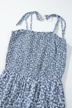 Fashion Dear-Lover Thin Straps Smocked Bodice Wide Leg Floral Jumpsuit Dusk Blue