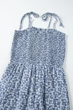 Fashion Dear-Lover Thin Straps Smocked Bodice Wide Leg Floral Jumpsuit Dusk Blue