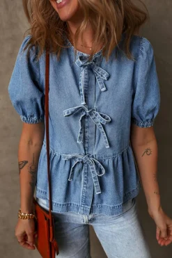 Sale Dear-Lover Tied Front Bubble Sleeve Peplum Denim Shirt Dusk Blue