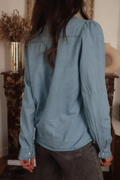 Best Dear-Lover Turn-down Collar Chambray Shirt Dusk Blue