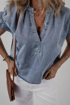 Sale Dear-Lover V Neck Ruffled Short Puff Sleeve Denim Top Dusk Blue