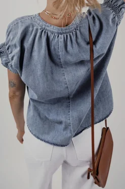 Sale Dear-Lover V Neck Ruffled Short Puff Sleeve Denim Top Dusk Blue