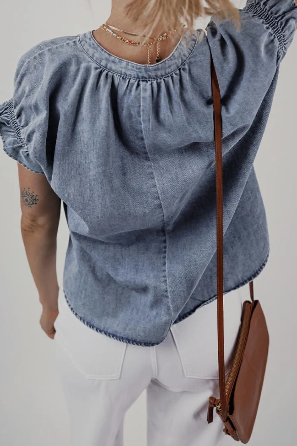 Sale Dear-Lover V Neck Ruffled Short Puff Sleeve Denim Top Dusk Blue
