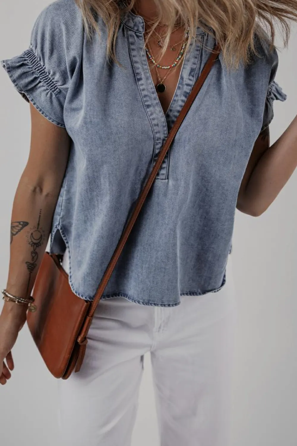 Sale Dear-Lover V Neck Ruffled Short Puff Sleeve Denim Top Dusk Blue
