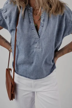 Sale Dear-Lover V Neck Ruffled Short Puff Sleeve Denim Top Dusk Blue