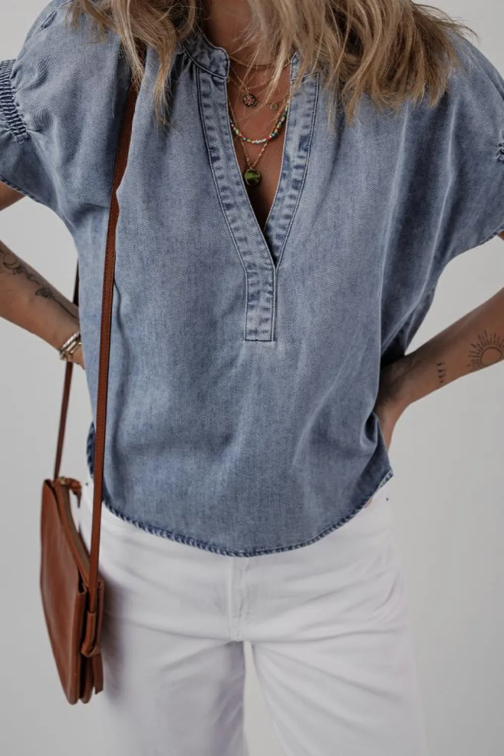 Sale Dear-Lover V Neck Ruffled Short Puff Sleeve Denim Top Dusk Blue