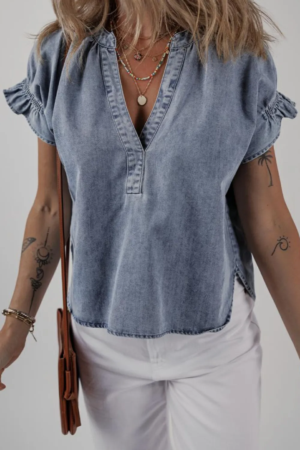 Sale Dear-Lover V Neck Ruffled Short Puff Sleeve Denim Top Dusk Blue