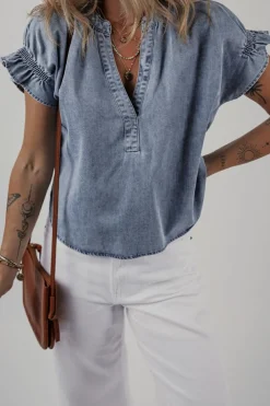Sale Dear-Lover V Neck Ruffled Short Puff Sleeve Denim Top Dusk Blue